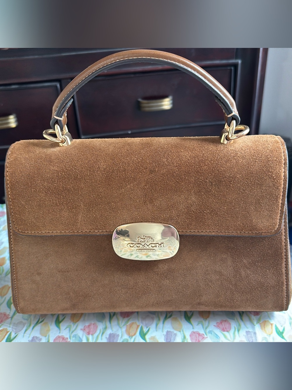 Coach Brown Suede Top Handle Satchel with Gold Hardware - Picture 2 of 5